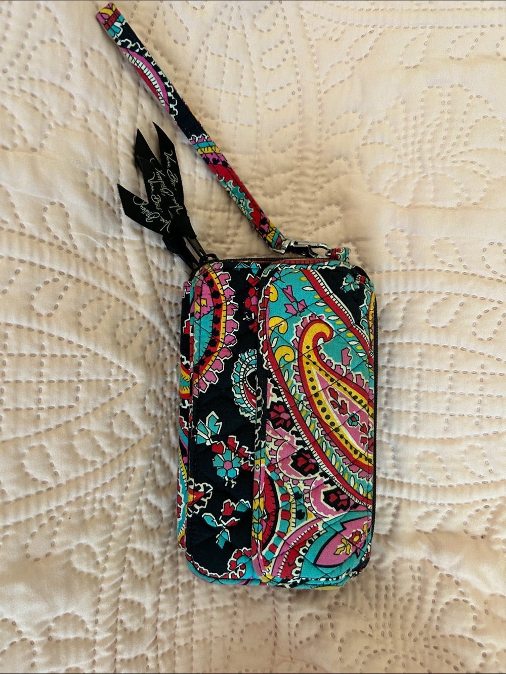 Vera Bradley Teal Pink Black Paisley Wristlet Phone Case - Picture 1 of 6